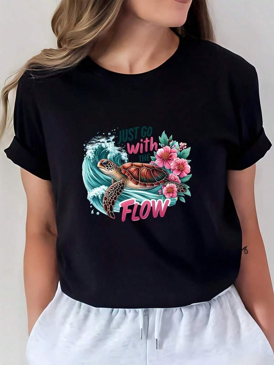 1 pieza de Playera corta 100% algodón, cuello redondo casual con estampado, tortuga marina, siga el curso natural, manga corta transpirable para uso diario - Negro - Ver 1