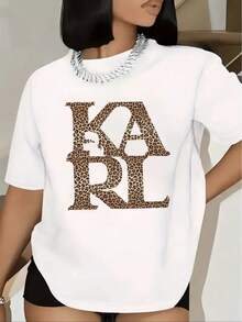 Camiseta casual de manga corta para mujer, de tela negra con diseño de estampado de leopardo, cómoda y duradera, adecuada para uso diario en casa, ligera y elegante. - Blanco - Ver 7