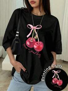 Women's Casual Black Short Sleeve T-Shirt, Polyester, Cherry Print, Round Neck, Regular Fit, For Everyday Wear XF2C - 黑色 - 查看 9