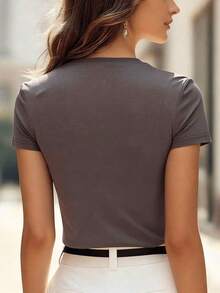 Neon Pink Fitted Crop Top With Rhinestones, Elegant And Versatile Style - Grey - View 2