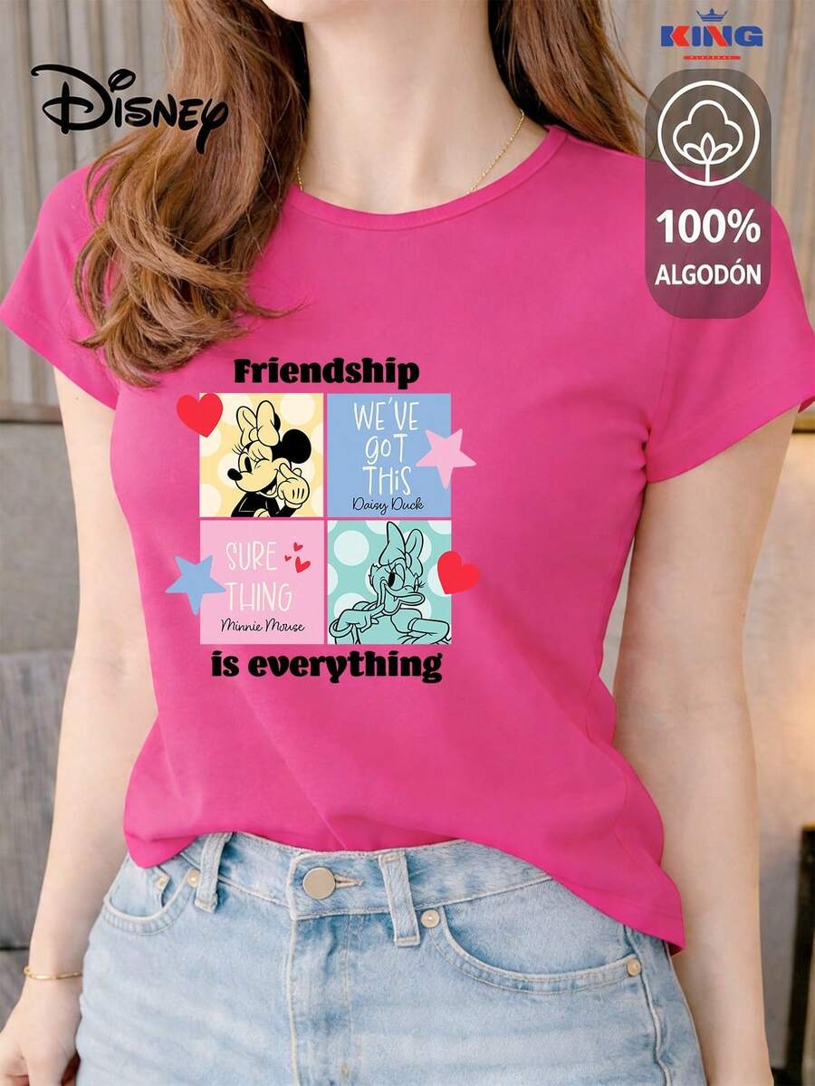 Women's T-Shirt Made Of 100% High-Quality Cotton. This T-Shirt Guarantees Exceptional Softness To The Touch, A Round Neck With A "Disney Minnie & Daisy Friendship" Print, And Short Sleeves. - 玫紅色 - 查看 1