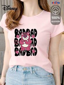 This High-Quality 100% Cotton T-Shirt Guarantees Exceptional Softness To The Touch, A Round Neck With A "Disney Bad Bear" Print, And Short Sleeves. - 粉色 - 查看 1