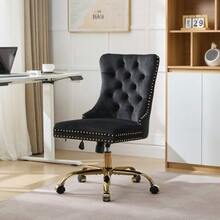 Home Office Chair, Modern Velvet Upholstered Office Chair With Button Tufting And Gold Metal Base, Adjustable Swivel Desk Chair (Black), DE1923BK - 黑色 - 查看 3