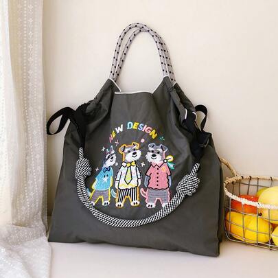 1pc Fashion Versatile Embroidered Tote Bag, Cartoon Schnauzer Pattern, Lightweight Commuter Nylon Foldable Shopping Bag