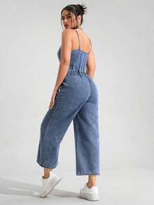 Unity Mono vaquero casual con pierna ancha y cordón delantero para mujer - Azul lavado medio - Ver 2