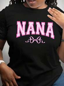 Women's Black T-Shirt With Nana Bow Print, Round Neck, Casual Cotton Knit Fabric, Medium Elasticity, Regular Fit, Suitable For Women To Wear In Spring/Summer/Autumn, Ideal For Occasions Such As Halloween, Christmas, Valentine's Day, Thanksgiving, Etc. - 黑色 - 查看 1