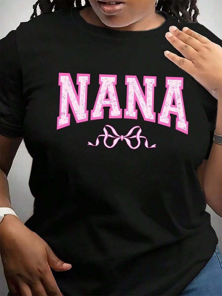 Women's Black T-Shirt With Nana Bow Print, Round Neck, Casual Cotton Knit Fabric, Medium Elasticity, Regular Fit, Suitable For Women To Wear In Spring/Summer/Autumn, Ideal For Occasions Such As Halloween, Christmas, Valentine's Day, Thanksgiving, Etc. - 黑色 - 查看 1