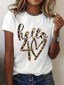 Soft, Breathable, And Lightweight For All-Day Comfort. Women's Casual Polyester T-Shirt, Hello 40 Leopard Print, Crew Neck, Short Sleeves, For Summer And Spring, 95% Polyester, 5% Elastane, Knit Fabric, Regular Length - Perfect For Birthday Celebrations. Classic Crew Neck With A Relaxed Fit That Flatters All Body Types And Is Easy To Pair With Jeans, Shorts, And Leggings. - 白色 - 查看 8