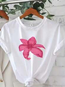 Camiseta de algodón transpirable Camiseta Casual para Mujer, Top Deportivo de Manga Corta para Uso Diario, Estampada con Patrón de Lirio Rosa, Ideal para Vacaciones, ropa deportiva de mujer, blusas para mujer - Blanco - Ver 6