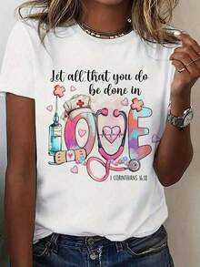Camiseta de algodón transpirable Camiseta de algodón transpirable Camiseta de Enfermería para Mujer - Ropa Inspirada en la Fe Cristiana con Versículo Bíblico (1 Corintios 13:1-13) - Regalo para Trabajadores de la Salud con Diseño de Corazones, Estetoscopio y Cruz Floral - Camiseta Suave de Cuello Redondo para Enfermeras, Médicos, Cuidadores - Camiseta Casual para Todas las Temporadas para Hospital, Clínica, Viajes - Ropa Cristiana Lavable a Máquina 100% Algodón, Ropa Deportiva para Mujer, Suave y Ligera, El Mejor Regalo para Amigas en Año Nuevo, Día de San Valentín y Cumpleaños, ropa deportiva de mujer, blusas para mujer - Blanco - Ver 6