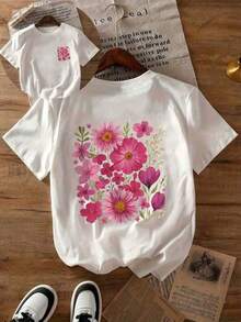 Camiseta de manga corta y cuello redondo para mujer, con estampado gráfico de flores naturales en racimos, para uso diario informal, primavera/otoño/verano, para el Día de San Valentín/regreso a clases, color blanco. - Blanco - Ver 1