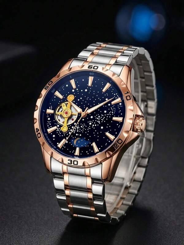 1pc Men's Starry Sky Pattern Stainless Steel Automatic Mechanical Wristwatch