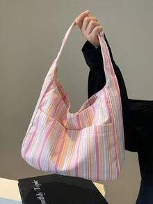 1PC Large Capacity Women Cloth Tote Bag, Shoulder Bag, Casual Stripe Fabric Handbag , Pink , Beach - 粉色 - 查看 2