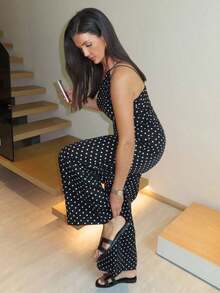 MDEdit Set de 2 piezas de Top con hombros y pantalones a lunares para mujer, uso casual minimalista de todos los días - Negro - Ver 4