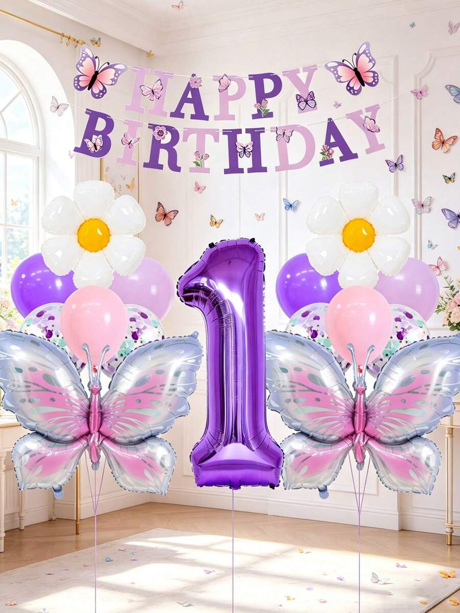 16pcs Butterfly Themed Birthday Balloon Set, 40-Inch Purple 0-9 Number Foil Balloons, Large Butterfly Shaped Balloons, Daisy Balloons, Happy Birthday Backdrop Banner, Dark Purple, Macaron Purple, Pink Latex Balloons, Suitable For Birthday Party, Butterfly Theme Decoration - Butterfly-themed Birthday Set - View 1