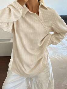 Camisa holgada de mujer con rayas y cuello de solapa - Negro - Ver 10