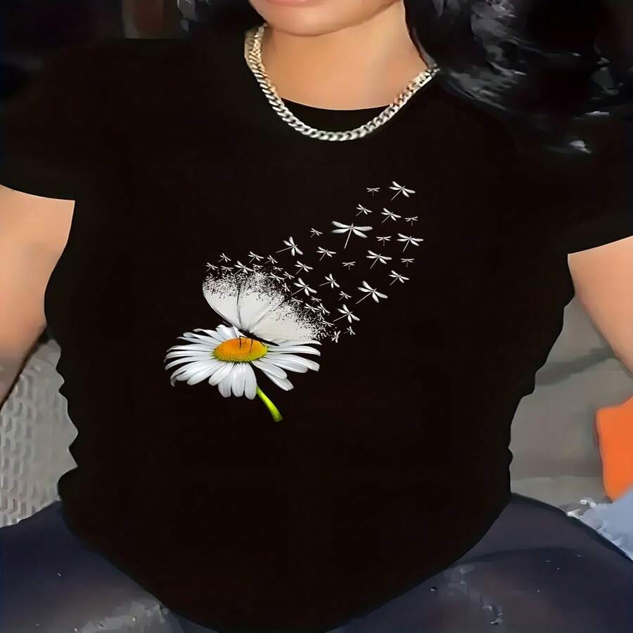 Women's Sexy Casual Black Cotton T-shirt with Floral Butterfly and Dragonfly Print, Round Neck Short Sleeve Tee Top, High Stretch Fabric, Regular Fit - Negro - Ver 1