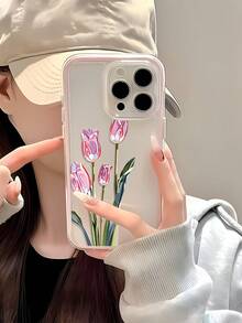 花卉 1個 粉色邊框透明極簡鏡頭保護防摔防撞全螢幕亮粉色鬱金香圖案手機殼，個性化適用於 iPhone 16 Pro Max, 17/16/15/14 Plus/13/12/11, Air 系列 - 彩色 - 查看 3