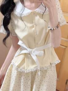 Women's 2-Piece Set: Peter Pan Collar Polka Dot Short-Sleeved Top And Mini Skirt. Girly, Summery, Cute. - Light Yellow - View 2
