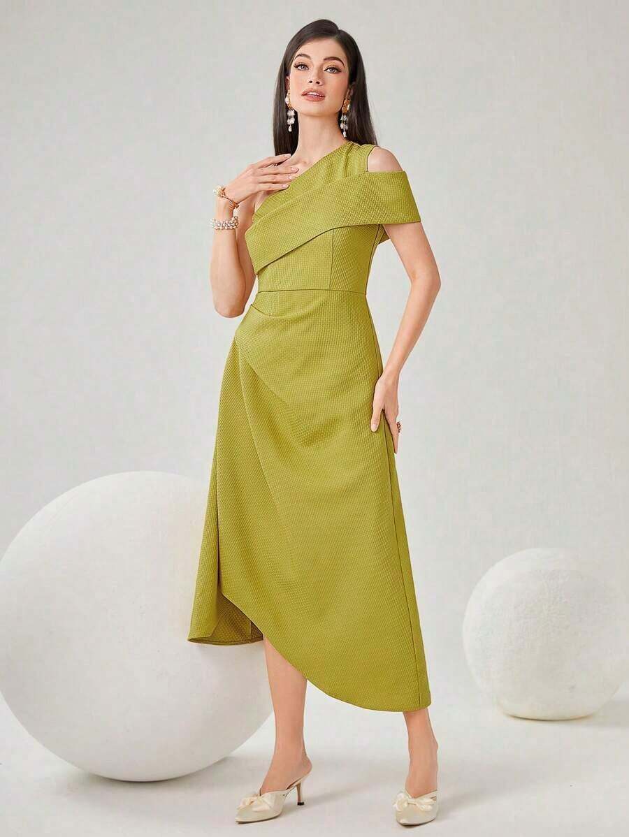 Women's Textured One-Sleeve Long Evening Dress - Yellow - View 1