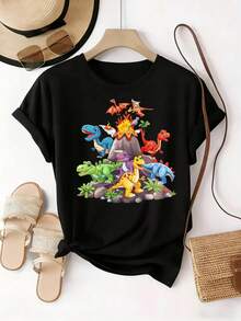 Camiseta de Mujer con Dinosaurios en Volcán, Estampado Colorido, Ideal para Verano, Cuello Redondo Cómoda y Moderna Estilo Casual - Negro - Ver 5