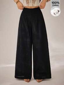 Pantalones anchos de cintura alta con textura, de moda casual y sencilla, para la temporada de vuelta al colegio, para ir y venir - Negro 3 - Ver 8
