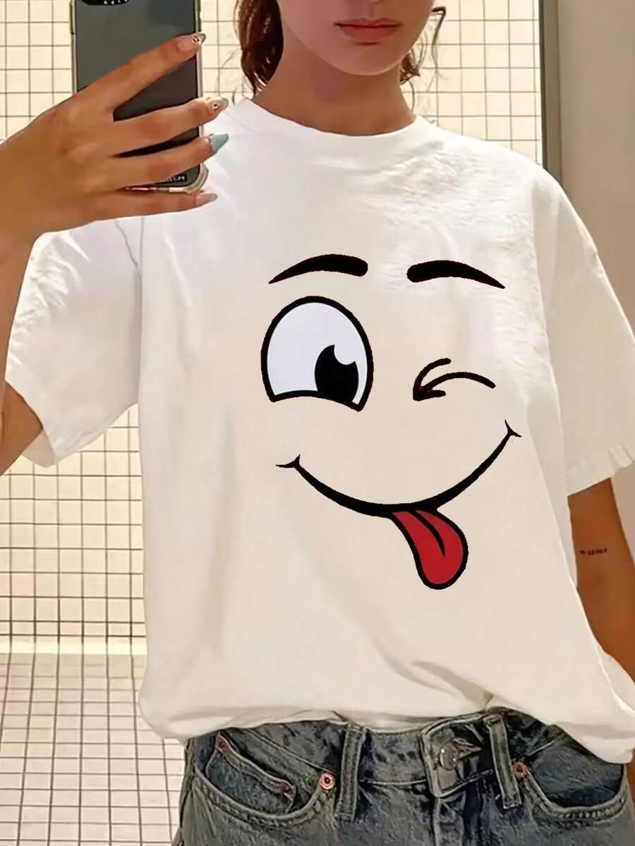 Camiseta de moda femenina de verano de manga corta camiseta de moda casual al aire libre 'smile' estampado camiseta casual femenina suelta - Blanco - Ver 1