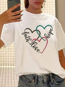 Camiseta de moda femenina de verano de manga corta camiseta de moda casual al aire libre 'love' estampado camiseta casual femenina con patrón relajado - Blanco - Ver 2