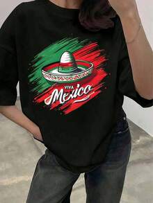Nueva moda Playeranegradealgodón para mujer con diseño "Viva México", estampado de sombrero charre y colores de la bandera mexicana, temática patriota, ideal para fiestas nacionales y uso diario casual - Estilo Vintage Urbano Unisex, Camiseta de algodón holgada de manga corta con cuello redondo. - Negro - Ver 8