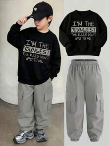 Tween Boy Casual Slogan Graphic Crew Neck Sweatshirt And Jogger Cargo Pants - Light Grey - View 1