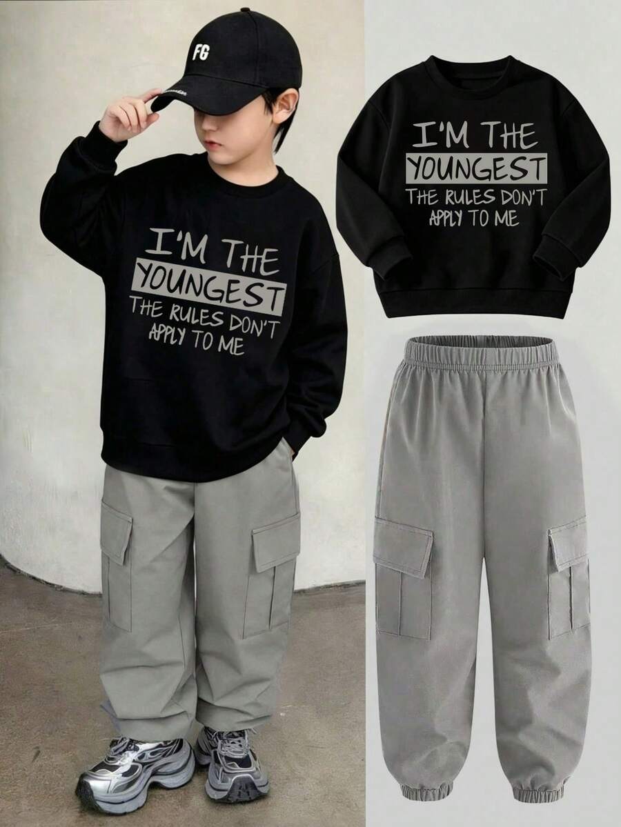 Tween Boy Casual Slogan Graphic Crew Neck Sweatshirt And Jogger Cargo Pants - Light Grey - View 1