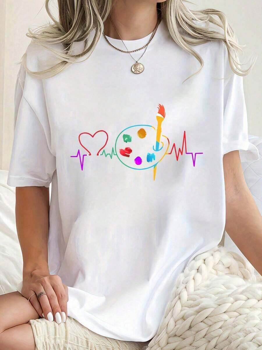 Modern Minimalist Summer Outfits For Women, On , Casual Short Sleeve Sports T-Shirt With Colorful Heart Print, Summer Vacation Top, Protective Phone Case, Casual Everyday Wear For Women - 白色 - 查看 1