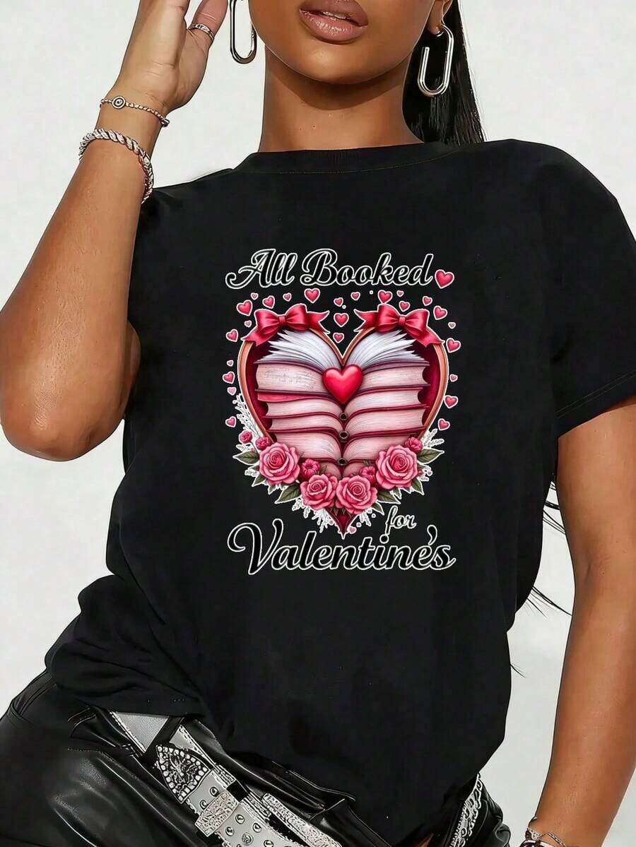TrendyLadies Popular Fashion Casual T-Shirt For Valentine's Day, Women's White Cotton T-Shirt With Romantic Book Heart Graphic, Fun Print, Round Neck, Short Sleeve, Suitable For: Sporting Events/Christmas Parties/Outings/Sports And Other Christmas Gifts, Daily Wear - 黑色 - 查看 1