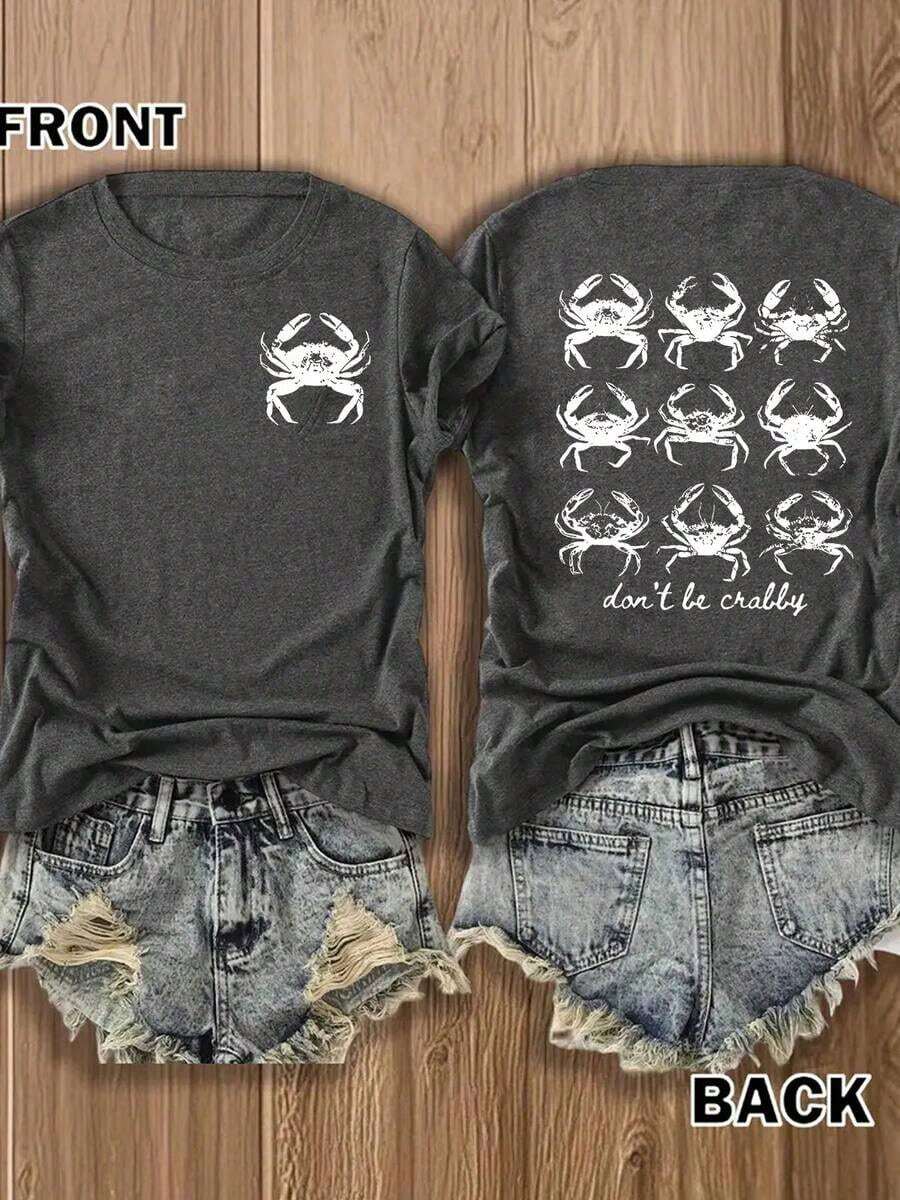 Women's "Don't Be Crabby" Short-Sleeved Crew Neck T-Shirt, Featuring A "I Might Be Laid Back But I Can Lean Forward" Print Design. Comfortable And Breathable, Stylish And Elegant, Machine Washable, Suitable For Everyday Casual Wear. - 灰色 - 查看 1