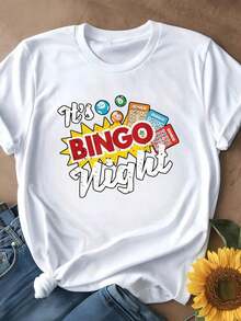 Camiseta de Mujer Casual con Cuello Redondo, Opciones en Blanco y Negro, Estampado Gráfico de Bingo Night, Camisetas Divertidas para Fiesta, Tops de Verano, Camisetas Gráficas, Conjuntos de Verano para Mujer, Camisetas Cortas para Mujer, Tops Vintage de Algodón, Ropa Linda para Mujer, Playera Holgada para Mujer - Blanco - Ver 2