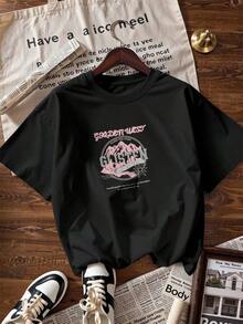 Pink Mountain T-Shirt With "GOLDEN WEST" Text,  Short-Sleeved T-Shirt For Spring And Summer 2026, Made In Mexico, 180 Grams. Cartoon Print, Couple Design, Suitable For Indoor Or Outdoor Wear. Crew Neck, Unisex, Ideal For Office And Leisure. One-Pack. - BK-P631577SLNDXZGY646 - 查看 4
