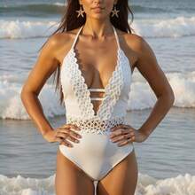 Bikini sexy para mujer de color sólido, traje de baño con detalle de encaje y cuello halter, diseño moderno - Blanco - Ver 2