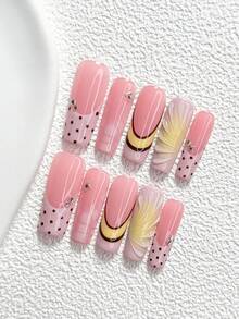 10Pcs Gentle Style Handmade Nail Art Set,Unghie Press On,White Round Diamond Nail Art Accessories,Polka Dots,Pink,Yellow And Brown Nail Polish,Includes Nail Tools,3 Sizes Available,Almond Nails,Duck Nails,Coffin Nails For Party,Dance,Daily Wear. - Multicolor - View 13