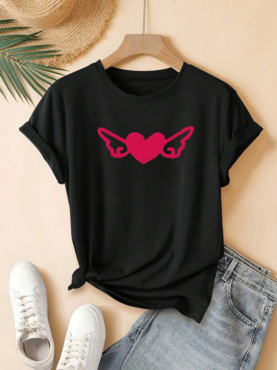 Camiseta unisex de manga corta, para mujerManga cortaCamisetaconAla del CorazónÁngelDiseño-InformalRedondoCuelloCompatible con blusaSuperiorAdecuadoparaVerano,InformalVestimenta&Superposición de capasMáquinaLavableArmarioEsencialNoTransparency)playerashombre, , , Dazymujer,romwehombres, bohochic,maestrasregalos,camisetaparaconjuntos de mujercon curvasparamu,y2k, - Negro - Ver 1
