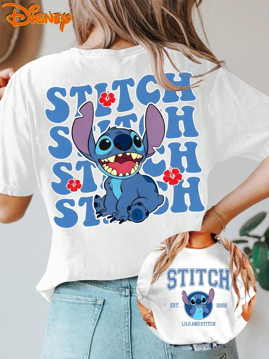 Women's Disney Lilo & Stitch T-Shirt - Plus Size S-XXL Short Sleeve Vintage Stitch Print Top | Double-Sided Lilo & Stitch Suitable For Spring Summer Fall Casual Casual Attire, Machine Washable Round Neck Blouse Disney Trip Outfits - trắng - Xem 1