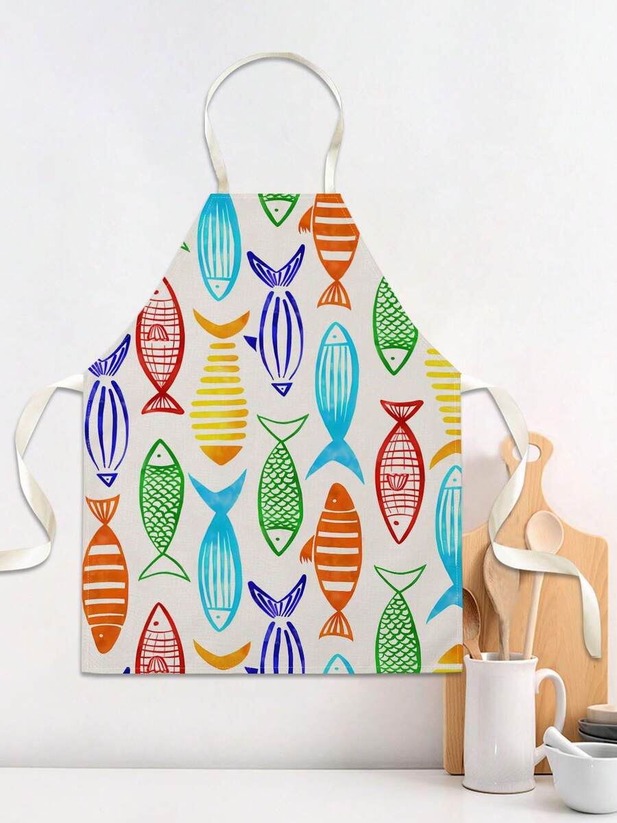 1 pieza Delantal con estampado de pez de acuarela de dibujos animados impreso por un solo lado, delantal unisex de cocina con lazo en el cuello, delantal protector de cocina para decoración del hogar - Multicolor - Ver 1