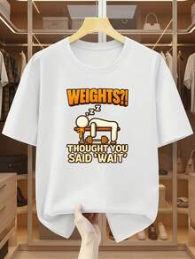 Men's Plus Size T-Shirt, 100% Cotton, Fun Fitness Print "Lazy Body Feel", Short Sleeve Crew Neck T-Shirt, "Do You Want To Stay Lying Down?" Wait For Your Break. Comfortable And Casual Short Sleeve T-Shirt For Summer, PLUS SIZE - 白色 - 查看 1