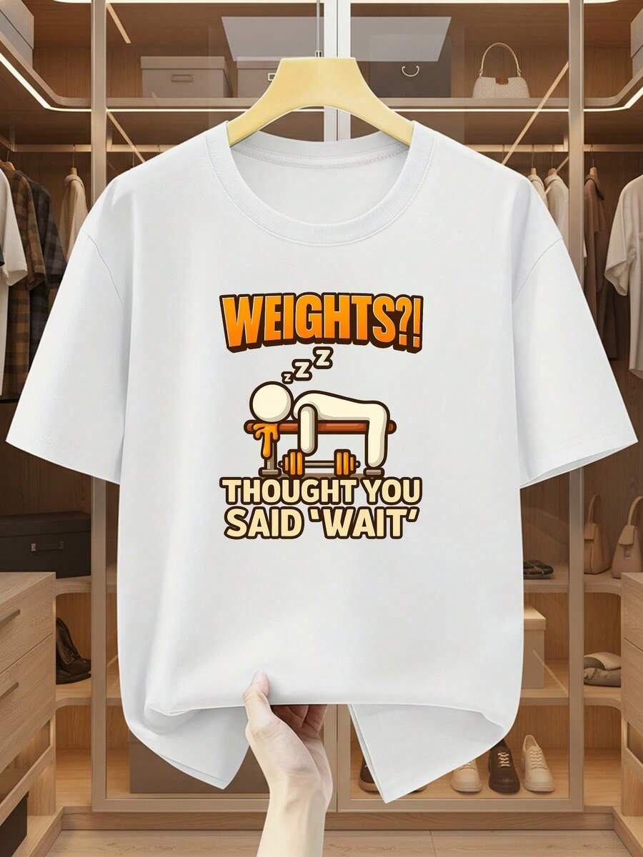 Men's Plus Size T-Shirt, 100% Cotton, Fun Fitness Print "Lazy Body Feel", Short Sleeve Crew Neck T-Shirt, "Do You Want To Stay Lying Down?" Wait For Your Break. Comfortable And Casual Short Sleeve T-Shirt For Summer, PLUS SIZE - 白色 - 查看 1