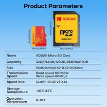 Kodak 32GB C10 Micro SD卡 64GB 128GB 高速 100MB/S U3 V30 Class10 Micro SD卡 256GB 512GB 附轉接卡 Mini TF卡 用於相機電腦手機 - 查看 9