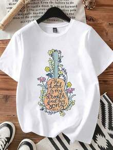 Women's T-Shirt With Floral Guitar Design, "The Lord Is My Strength And My Song," Psalm 118:14, Inspirational Christian Faith Quote, Casual Wear For Church, Music Lovers, Everyday Outfits - 白色 - 查看 5
