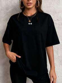 Camiseta holgada de verano para mujer, deportiva, de manga corta con cuello redondo, para correr y hacer ejercicio, de secado rápido para yoga y entrenamiento al aire libre - fácil de lavar y mantener para uso diario - Negro - Ver 1