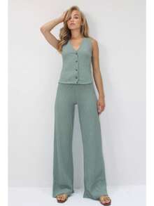 Casual Commuter Solid Color Button Front Vest And Pants Set - Mint Green - View 1