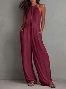 White Wide-Leg Jumpsuit With Pleats And Open Back, Perfect For A Holiday Look. - Burgundy - View 3