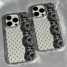 1pc Metal Button Transparent Case, Minimalist Lens Protection Sexy Lace Polka Dot Pattern Phone Case, Personalized For IPhone 16 Pro Max, 17/16/15/14 Plus, 13/12/11, Air - Multicolor - View 3