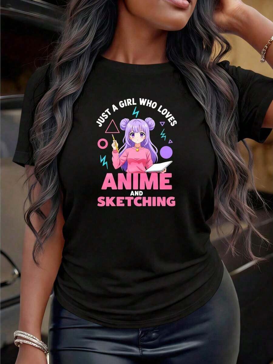 Limited Time Offer, Limited Quantity Available, Lightning, Women's Shirts, Women's T-Shirts. Custom Crew Neck T-Shirt With Interesting Print "Just A Girl Who Loves Anime And Sketching" For Women, Anime Fan Art Design, Cute Cartoon Character Graphic Tee, Great For Gifts. - 黑色 - 查看 1